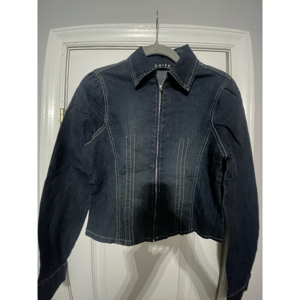 Amisu Womens Blue Denim Zip Up Jacket XS Slim Fit Collared Short Long Sleeve